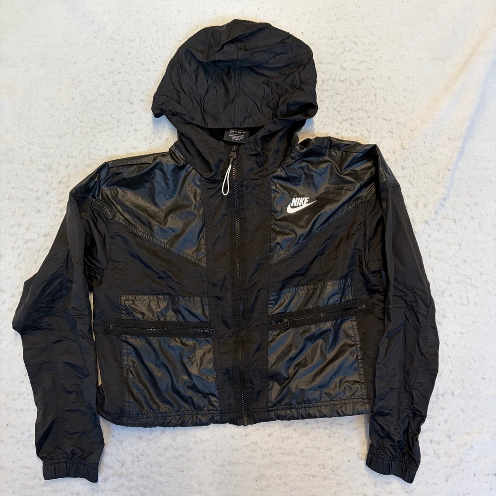 Nike Windbreaker Jacket Womens XS Black Hooded Full Zip Mixed Media